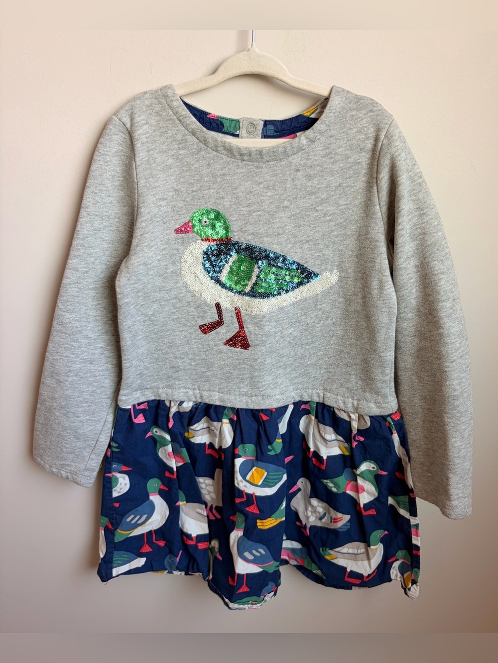 Mini Boden Girls Grey and Navy Duck Sequin Pullover Dress